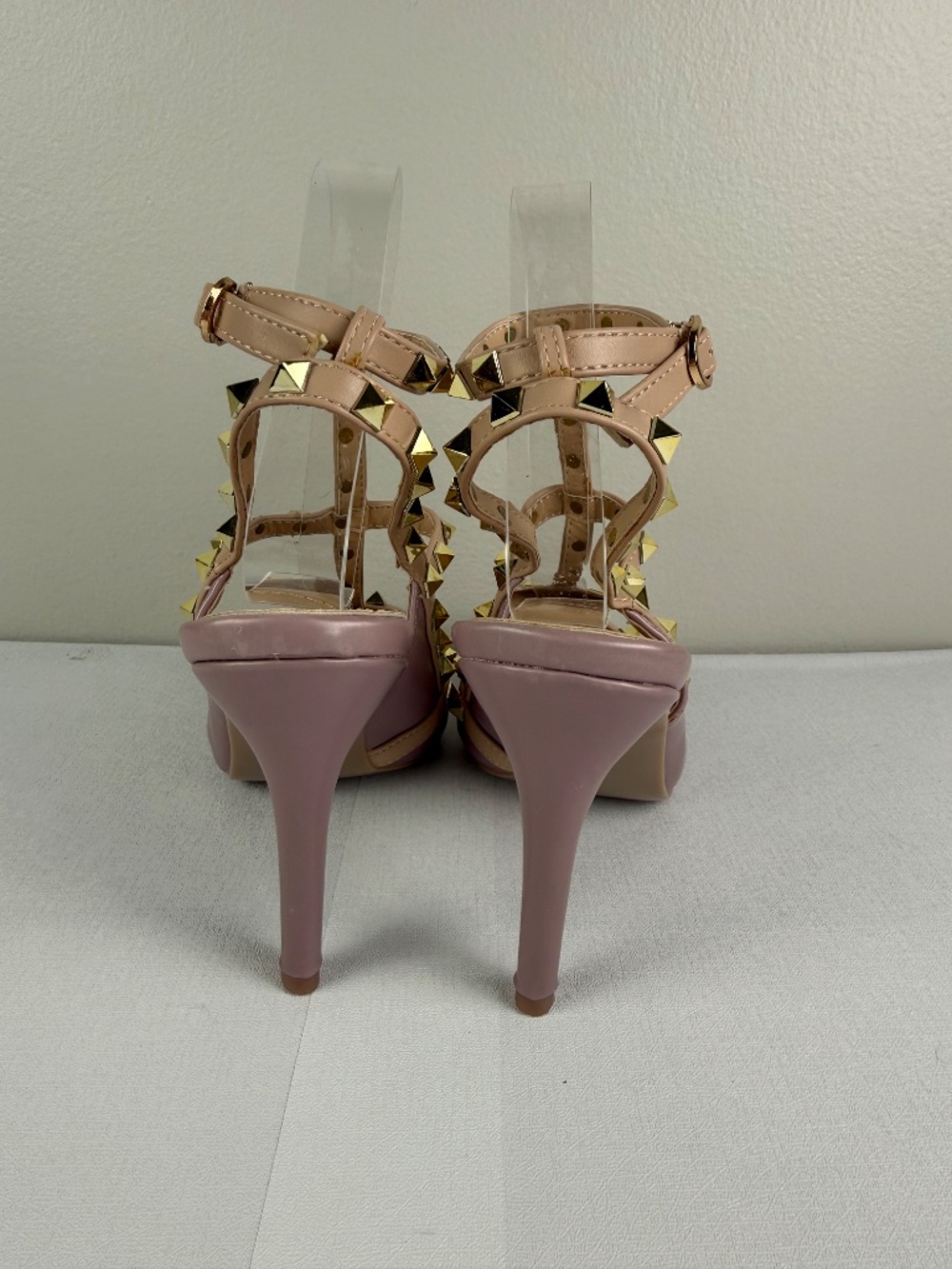 Studded T-Strap Pointed Toe Heels in Dusty Rose - Picture 6 of 10